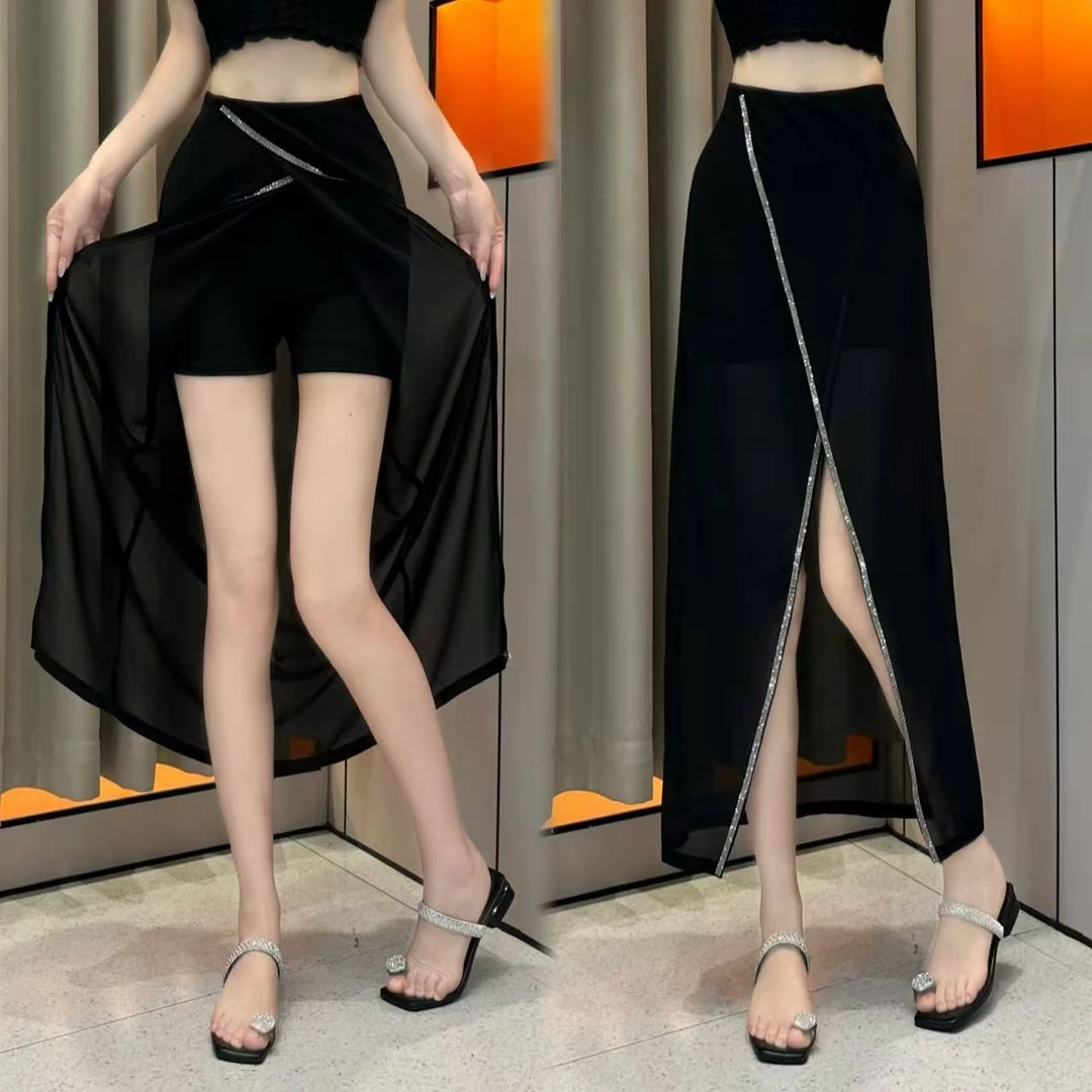 【岁月静美】夏季前开叉亮钻防走光侧拉链半身裙时尚百搭修身显瘦女