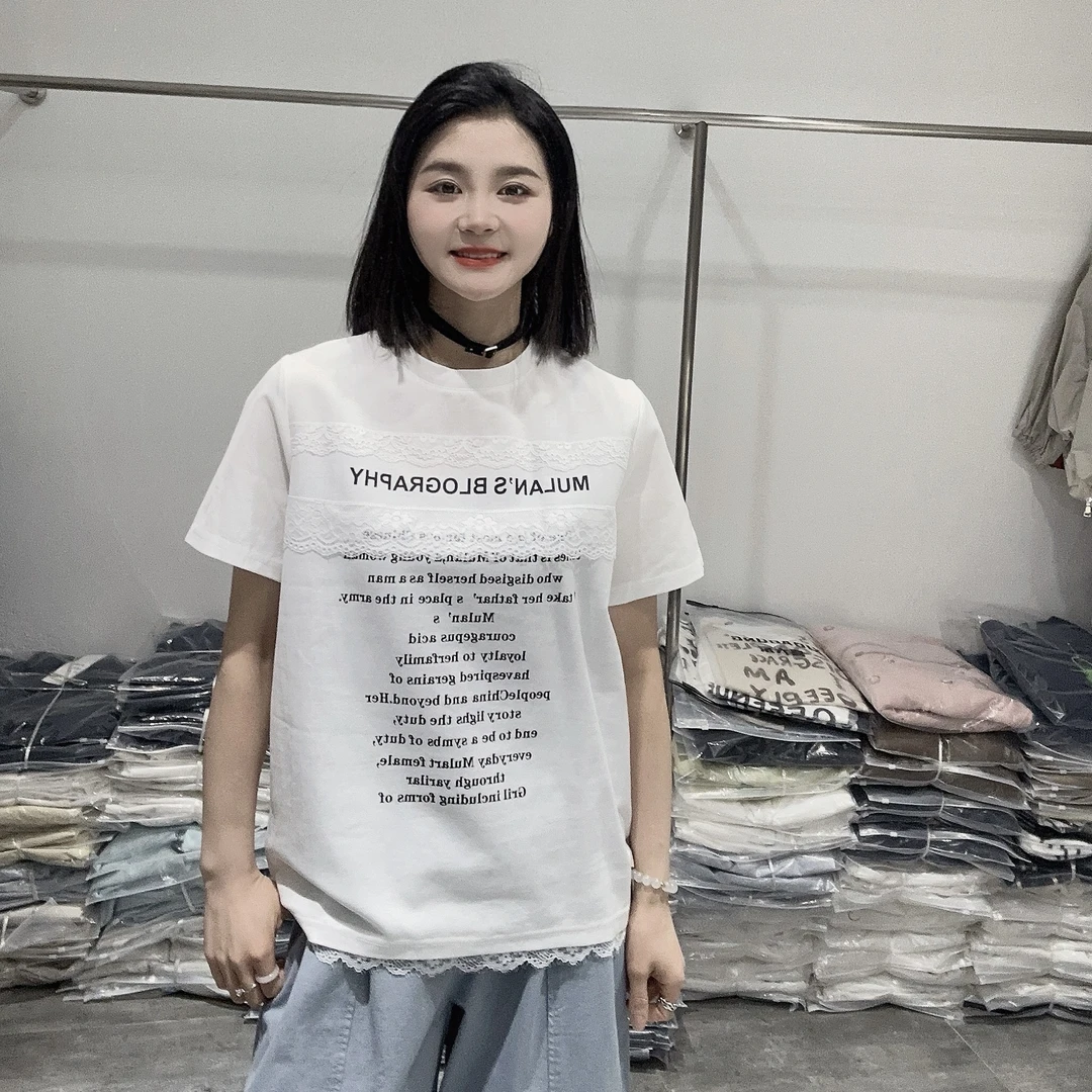 LMM 2527 休闲字母印花蕾丝边短袖T恤女2025春夏新款宽松显瘦上衣
