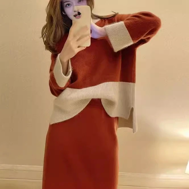 网红气质套装显瘦百搭针织秋冬撞色红色拼色女装慵懒风小香风复古