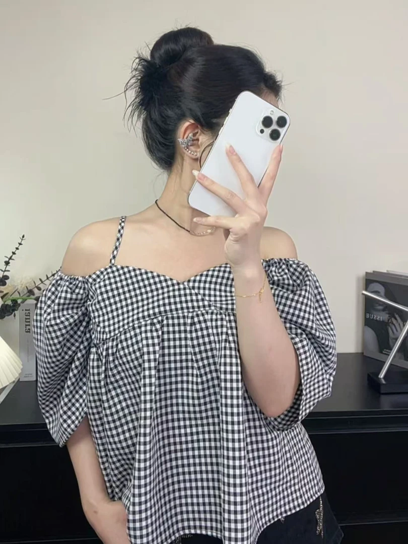 夏季女款一字肩吊带泡泡袖短款宽松百搭别致衬衫上衣