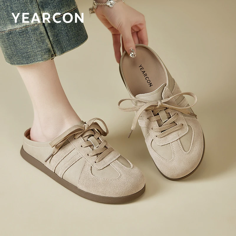 YEARCON/意尔康极简风包头拖小众软底圆头休闲平底半拖透气穆勒鞋