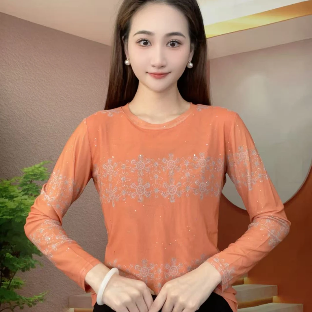 2025冬季新款长袖圆领肌肤纱时尚显瘦印花T恤上衣A565