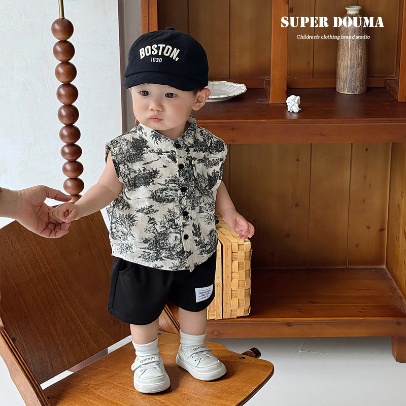 男童炸街痞帅夏装宝宝衣服夏装超韩洋气男宝水墨画衬衣短裤两件套