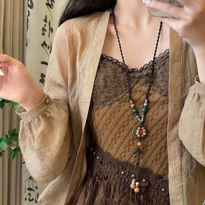 铜吊坠 2025年新款波西米亚繁花珍珠项链女新中式国风串珠颈链