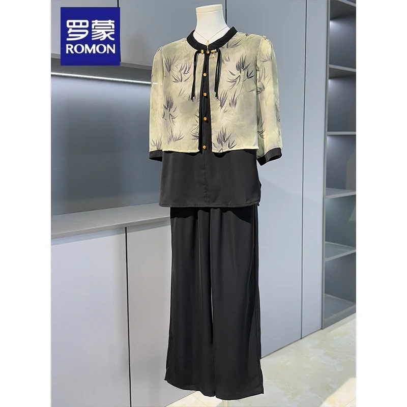 罗蒙妈妈端庄大气国风衬衫上衣中老年女夏季新中式雪纺小衫两件套