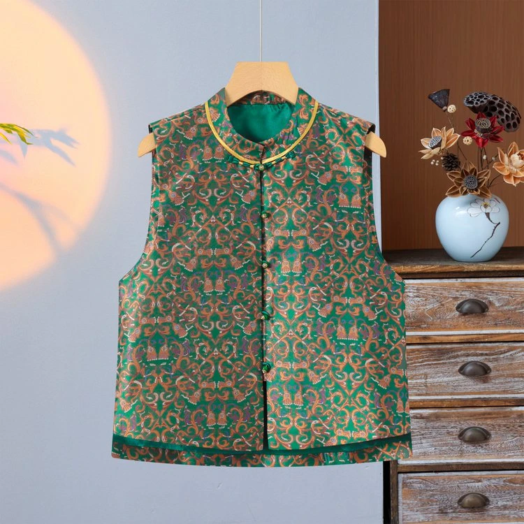 中式提花背心上衣2025中年妈妈新款宋锦复古国风唐装盘扣马甲高级