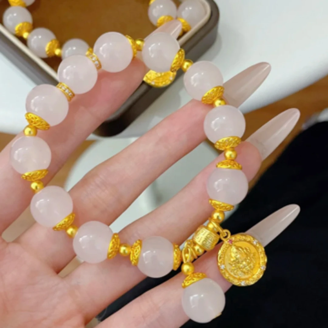 铜合金仿水晶手链 时尚古法鎏金点钻黄财神12毫米串串珠手链轻奢