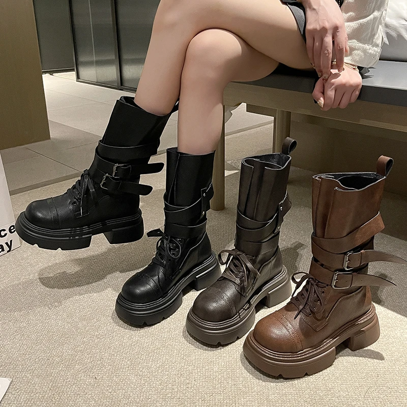 英伦风系带搭扣复古时尚时装靴女2025秋冬新款机车靴粗跟圆头长靴