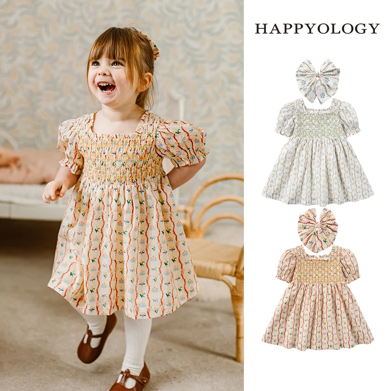 Happyology英国儿童春夏装新款印花裙子女童方领木耳边绣花连衣裙
