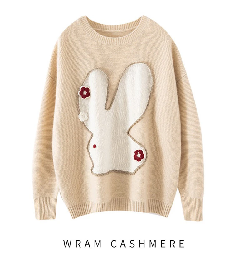 小兔子钩花 加厚圆领套头羊绒衫  zz 894