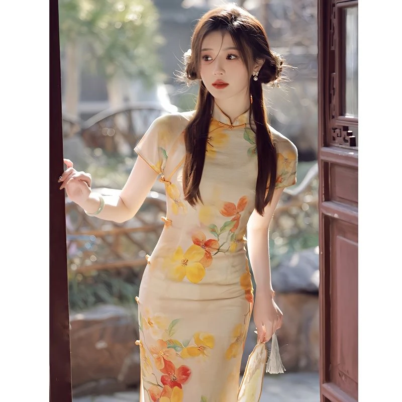 改良旗袍夏季2025年新款女年轻款气质高端印花中式连衣裙长款日常