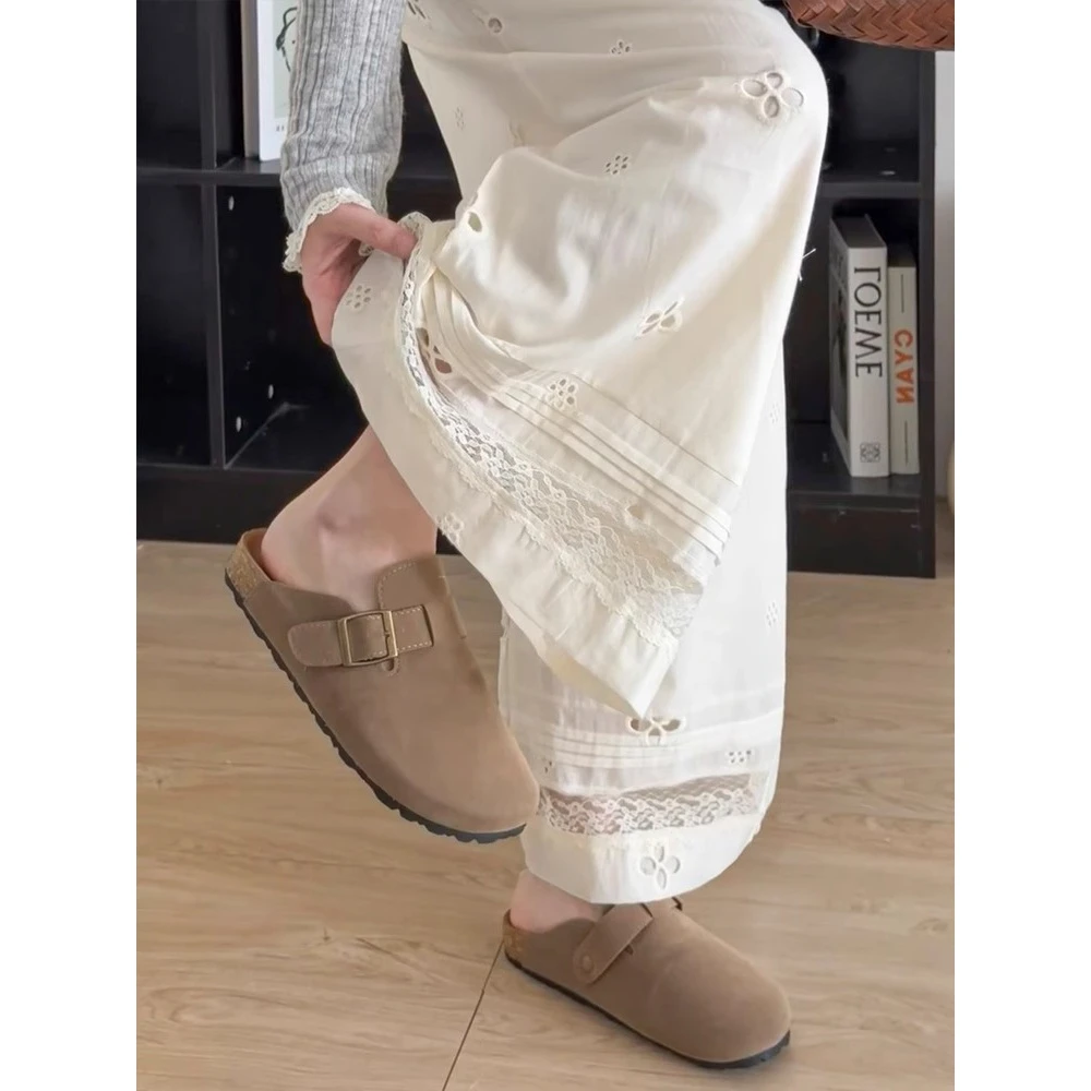 杏色镂空冰丝阔腿裤女夏季薄款2025新款设计感蕾丝拼接高腰休闲裤