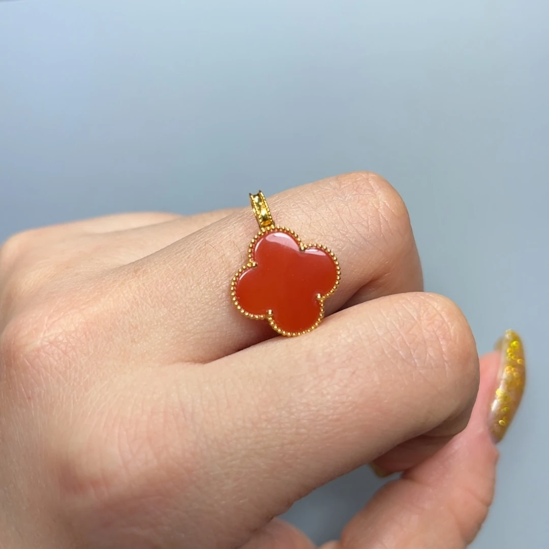 南红玛瑙柿子红四叶草18K金镶嵌