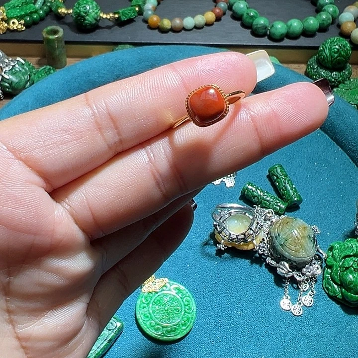 南红玛瑙戒指银S925镀金镶嵌南红戒指