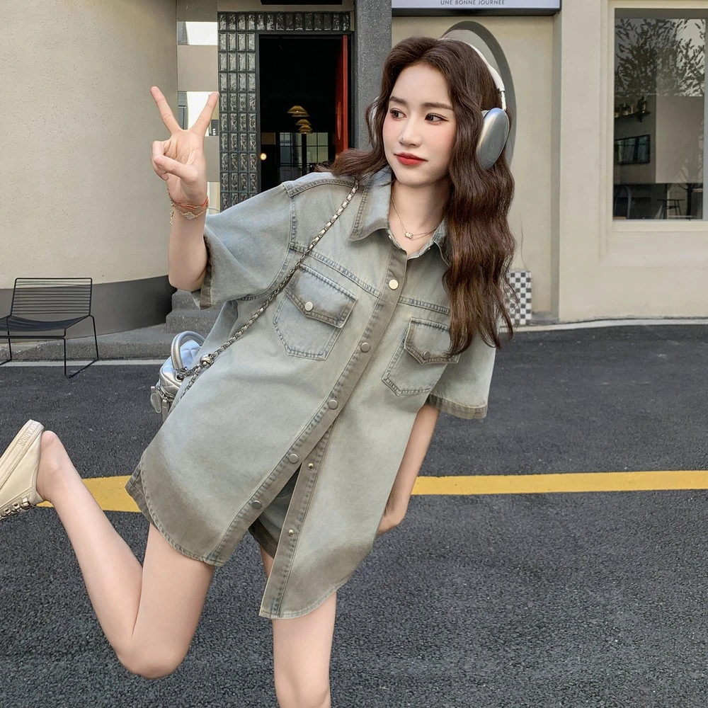 港风复古做旧休闲风牛仔套装女夏季2025新款一整套衬衫短裤两件套