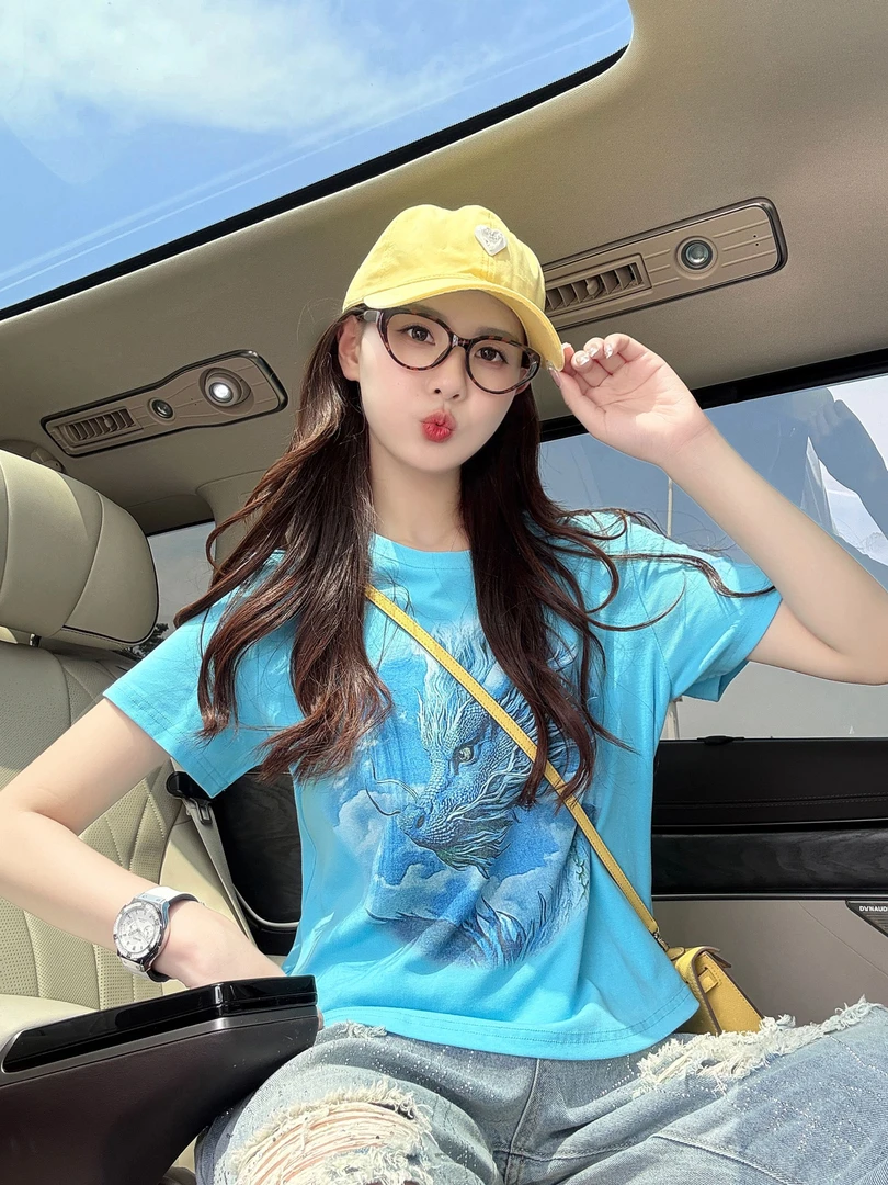 夏季新款蓝色撞色龙涂鸦印花T恤女款时尚洋气百搭透气短袖上衣