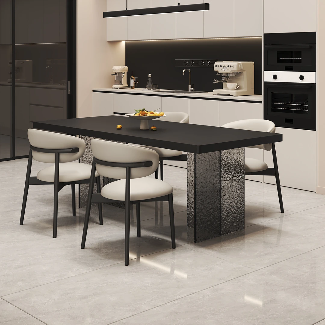 亚克力悬浮下挂岩板餐桌极简小户型黑色岩板长方形饭桌子吃饭桌