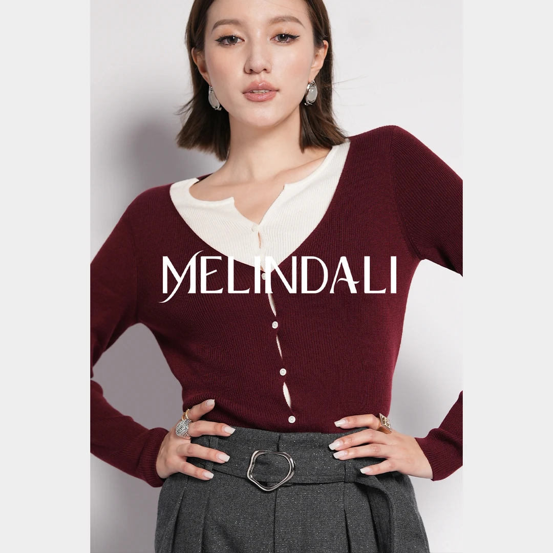 Melinda Li【摩登酒红】通勤桑蚕丝绵羊毛梅洛酒红假两件长袖针织衫