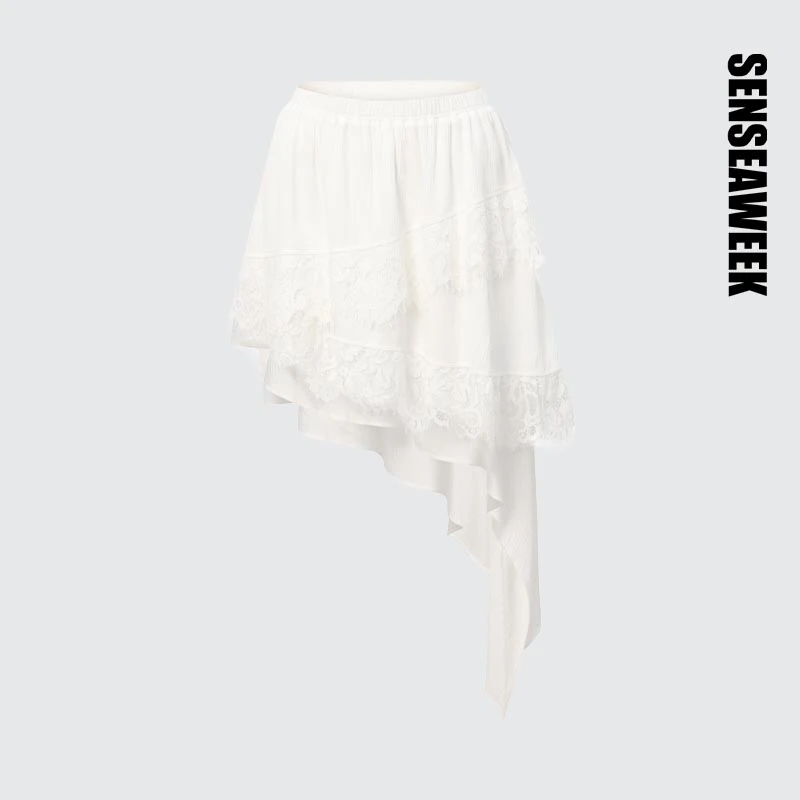 SENSEAWEEK25春夏新品不规则层次感肌理感半身裙拼蕾丝斜摆蛋糕裙