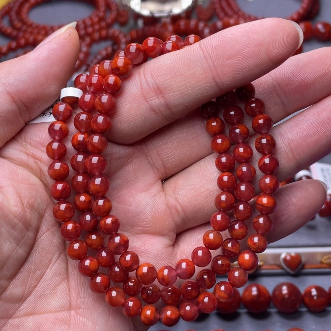南红玛瑙未镶嵌南红玉石6.6mm瓦西牛血火焰纹多圈手串