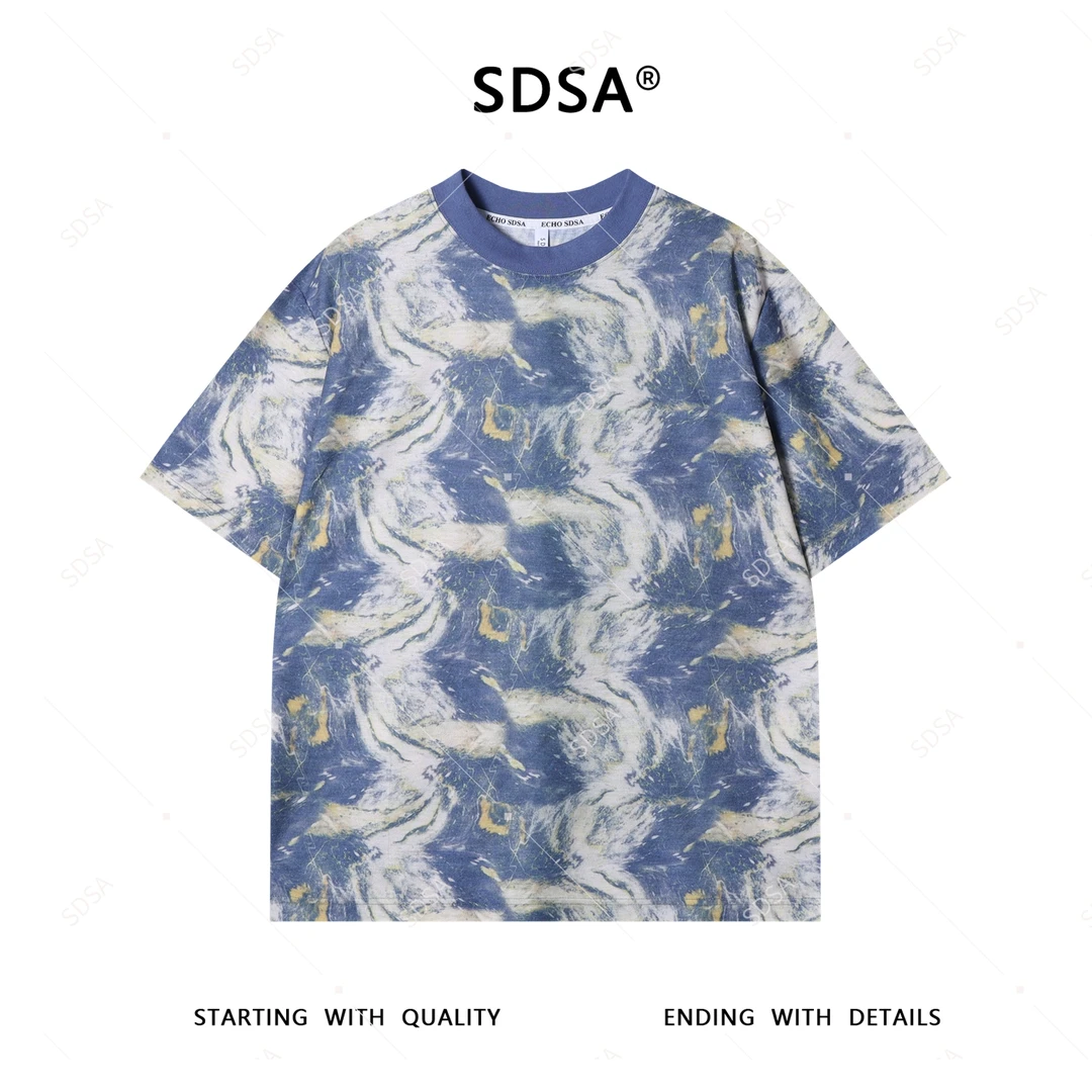 SDSA夏季新款男士痞帅潮牌撞色水波纹设计圆领短袖T恤宽松休闲