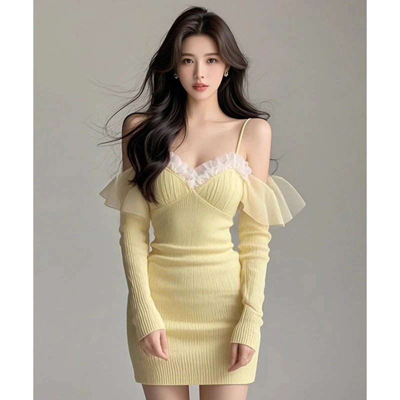 【B Y】黄色小众绝美吊带连衣裙女秋冬甜辣妹修身漂亮显白包臀裙