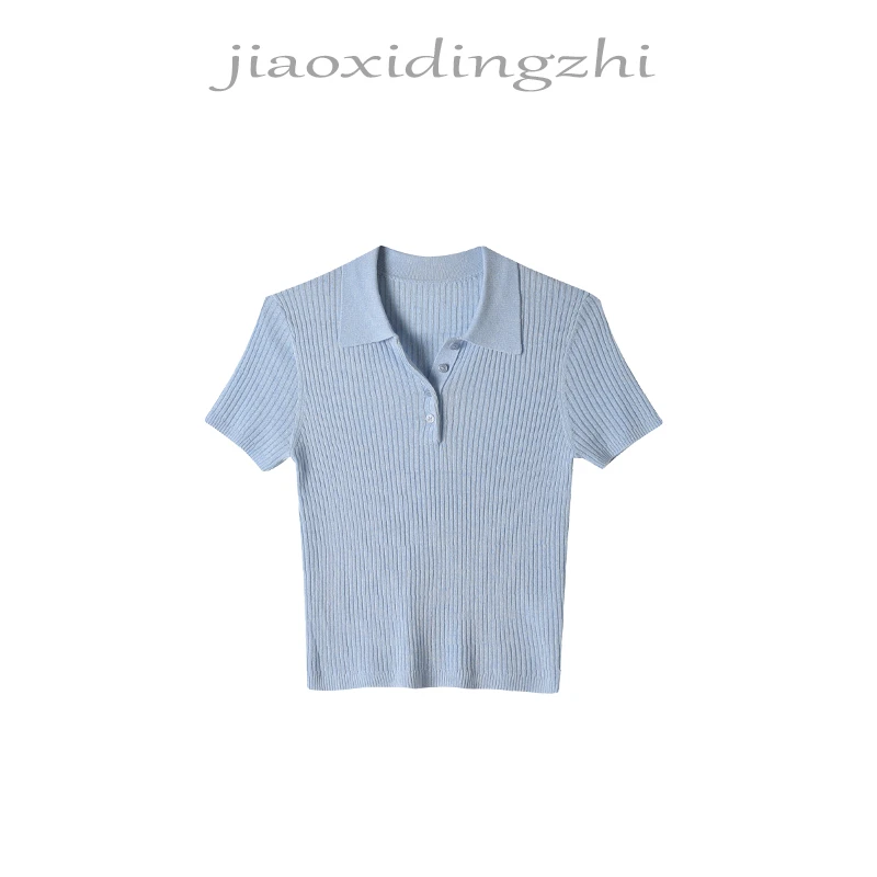 【娇禧定制】超显白针织衫女夏季蓝色百搭修身显瘦短袖上衣CD25Z017