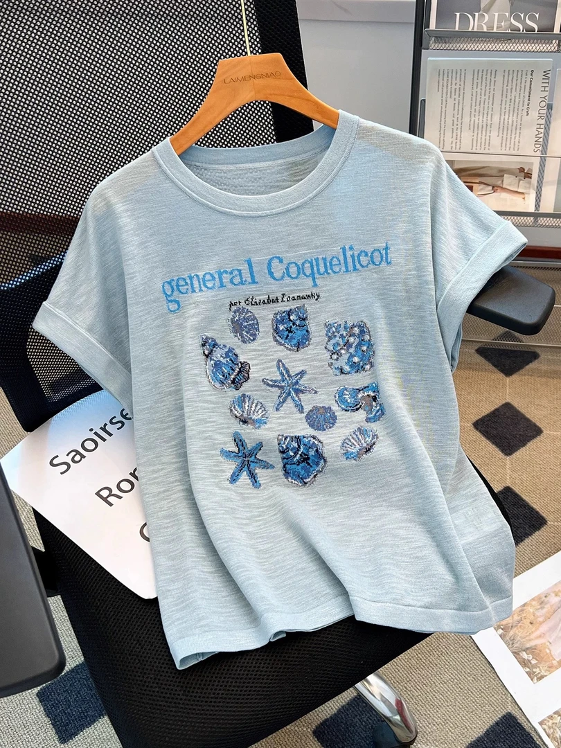 【竹节麻】M169夏季设计感t恤2025新款爆款针织冰丝短袖独特上衣女