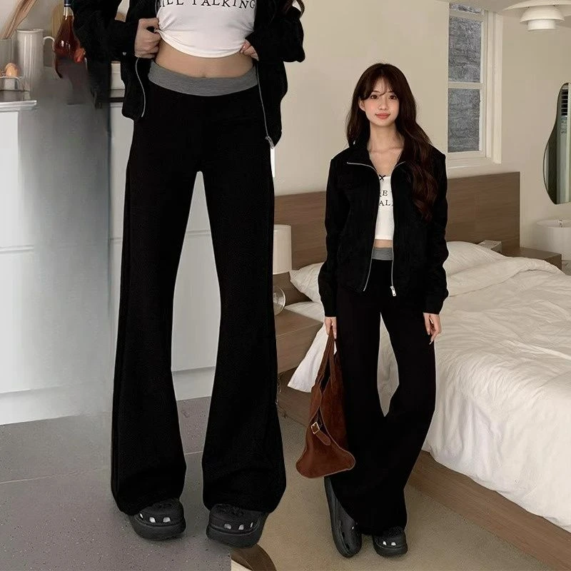 黑色拼接微喇女春季宽松显瘦梨形身材藏腿高腰长裤休闲喇叭女卫裤