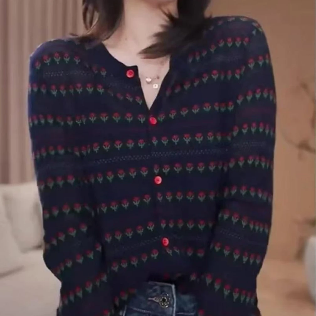 琥珀流光风时尚圆领长袖小花针织开衫女秋冬