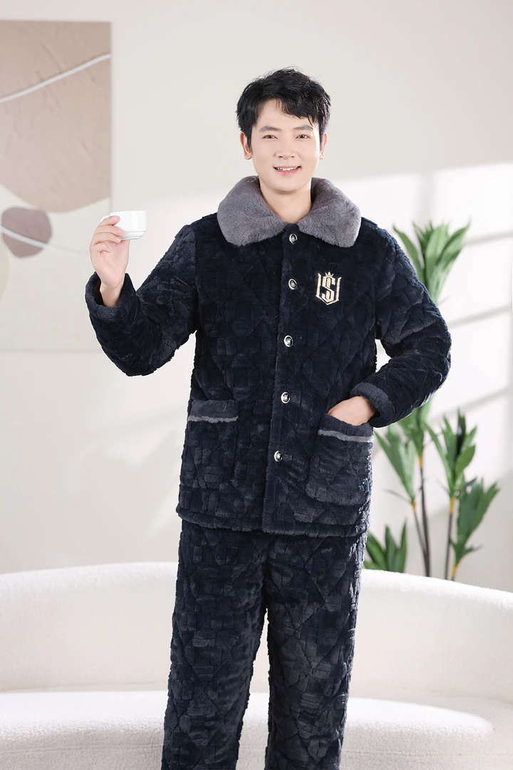 冬季男士三层夹棉加厚特厚云朵绒家居服睡衣保暖防寒