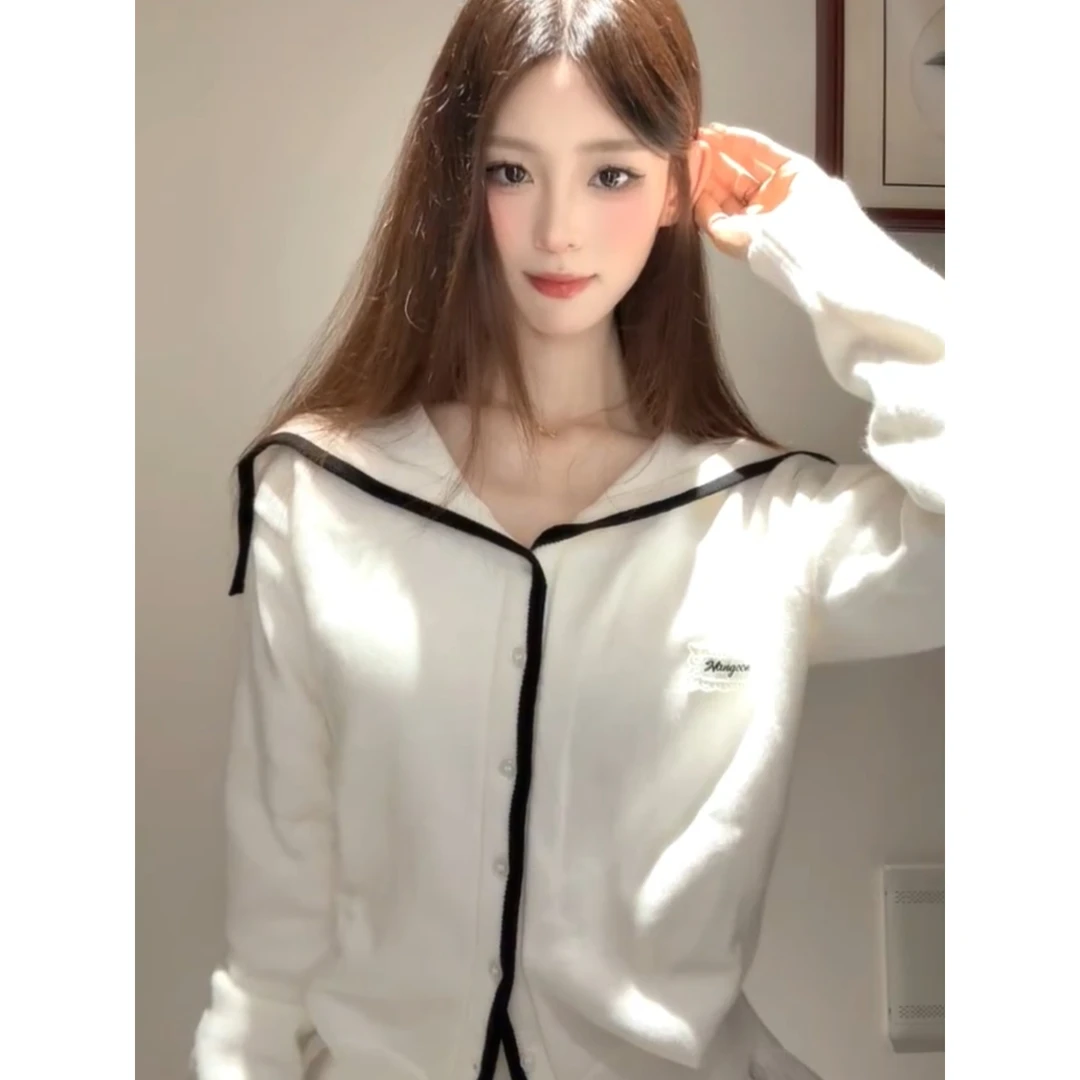 学院风白色海军领长袖针织开衫秋季慵懒高级感宽松百搭毛衣外套