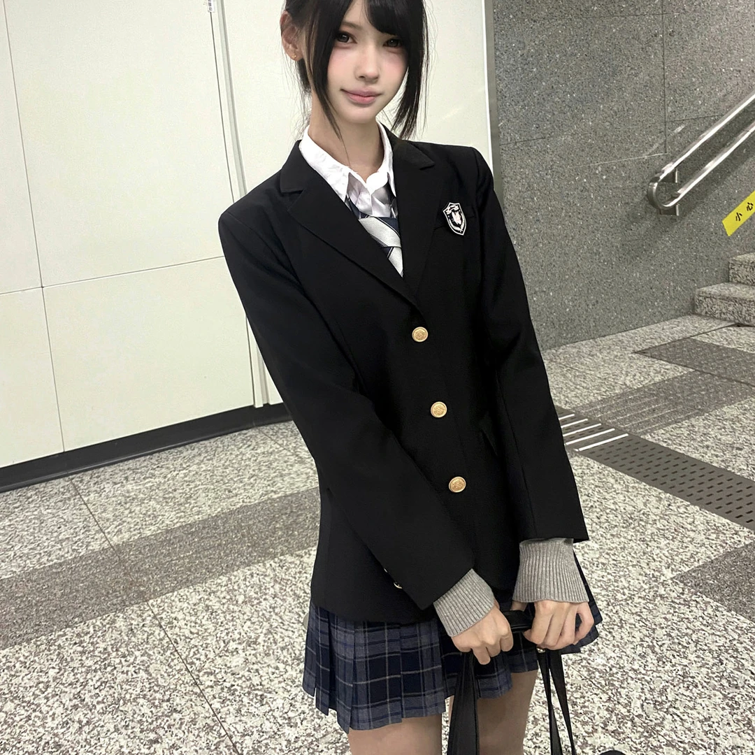 原创厚黑jk收腰西装外套女春秋百搭校供感绀色三粒扣显瘦西服上衣