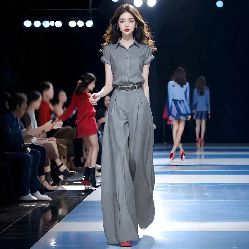 气质法式夏季时尚套装通勤衬衫静奢风短袖小众休闲风高腰套装