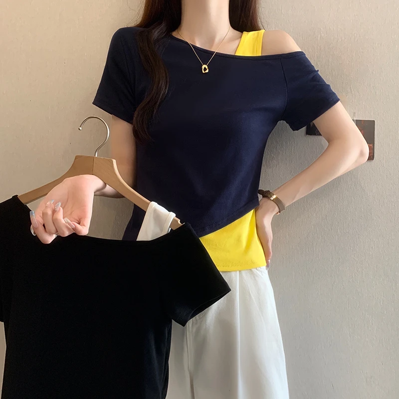 2025夏装新款胖mm大码女时尚设计感撞色露肩别致短袖T恤百搭