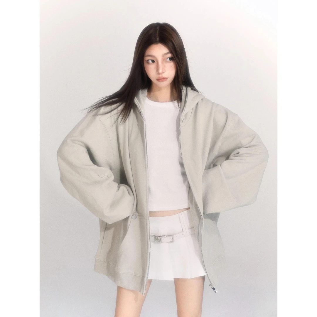早秋季美式灰色连帽卫衣女春秋宽松重磅拉链外套上衣2025新款开衫