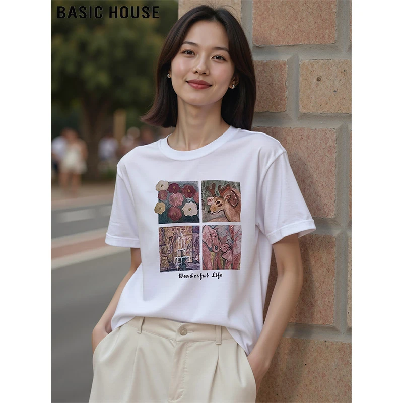 Basic House/百家好纯棉插画印花短袖T恤女夏季白色正肩圆领上衣