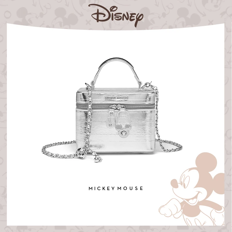 Disney/迪士尼盒子包新款高级小众设计单肩斜挎化妆包正品银色