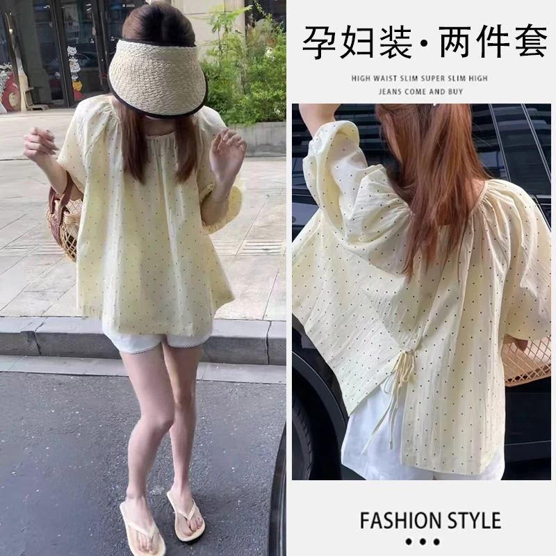 矮小个子孕妇夏季新款设计感波点泡泡袖上衣托腹蕾丝边短裤两件套