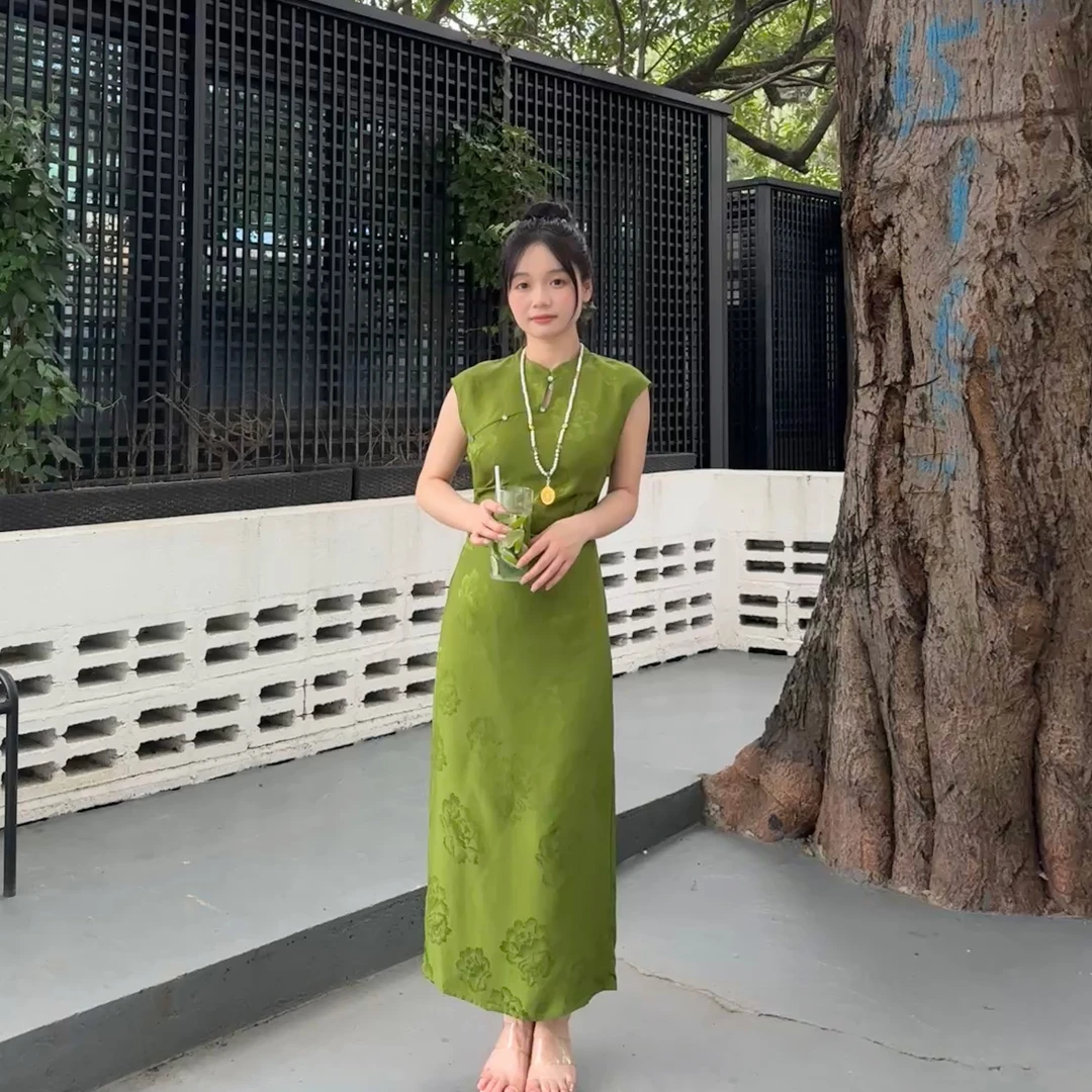 【K N J小个子定制】新中式提花收腰褶皱显瘦显白国风旗袍连衣裙