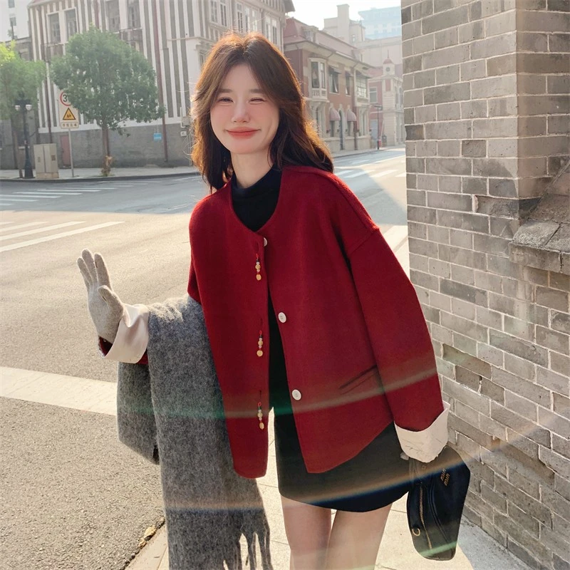 -安可拉红小香风毛呢外套女秋冬2025新款高级感小个子韩系大衣短/