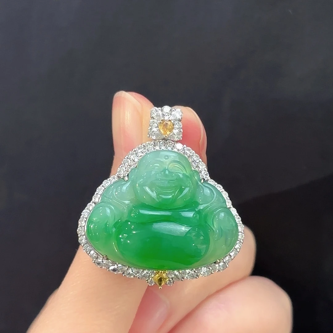 翡翠18K金镶嵌吊坠(不含链)翡翠佛公吊坠多人不退不换