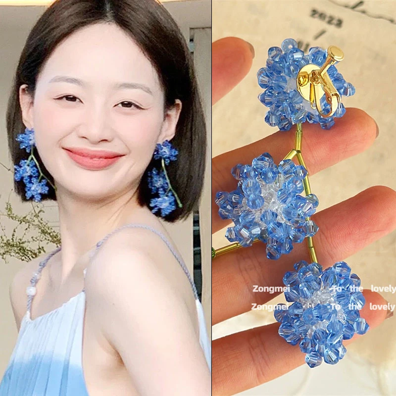 蓝色串珠长款流苏花朵耳环夸张度假风无耳洞螺旋夹