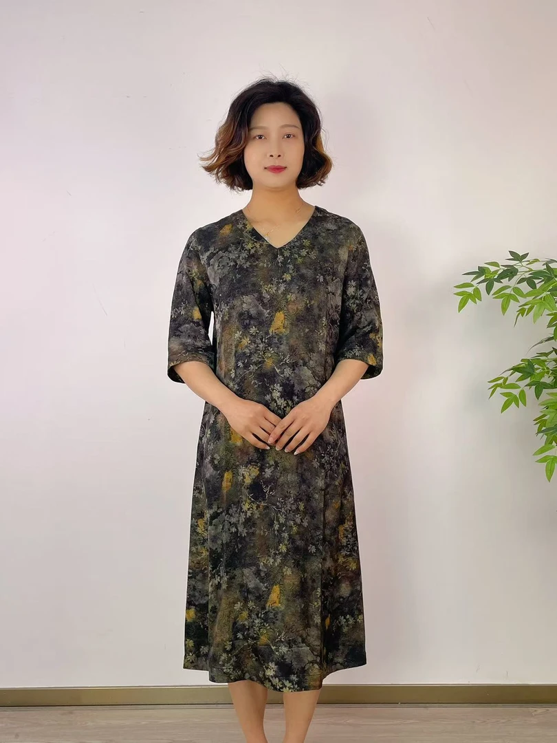阿玖推荐妈妈装提花花萝中长款连衣裙V字领双面双穿简约短袖直筒