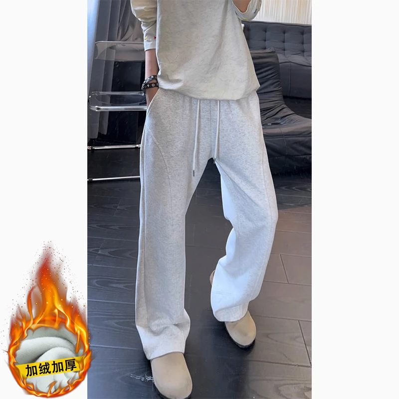 白花灰重磅斜切纹卫裤男款秋季美式复古显高微喇裤子直筒休闲裤子