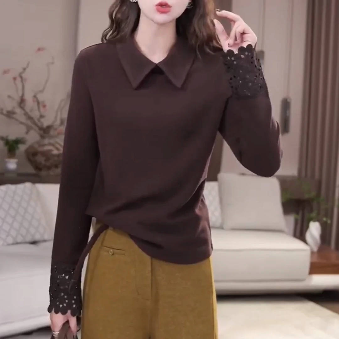 设计感翻领双面绒蕾丝长袖T恤冬季2025新款百搭简约显瘦纯色上衣