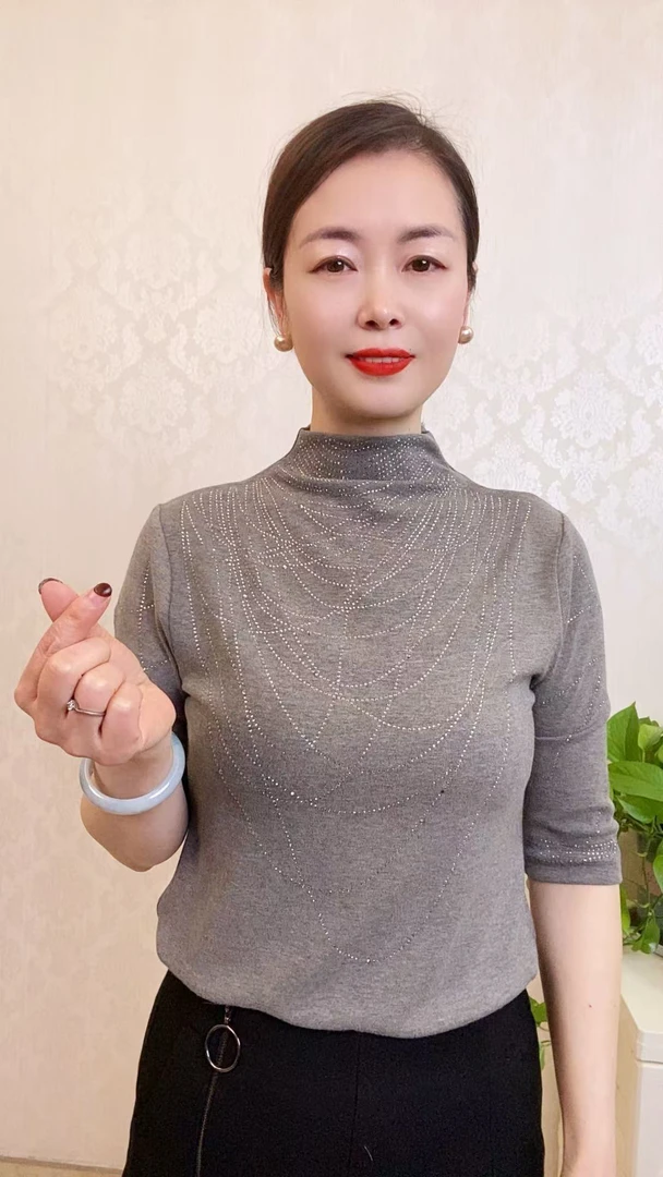 25年春季新款半袖高领纯色烫钻时尚百搭打底女士T恤