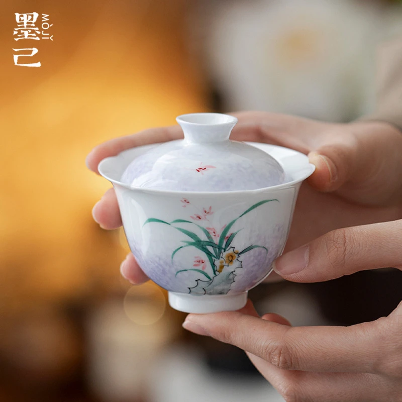 墨己石沁兰馨手绘太湖石兰花陶瓷盖碗花口釉下彩茶具泡茶碗盖碗