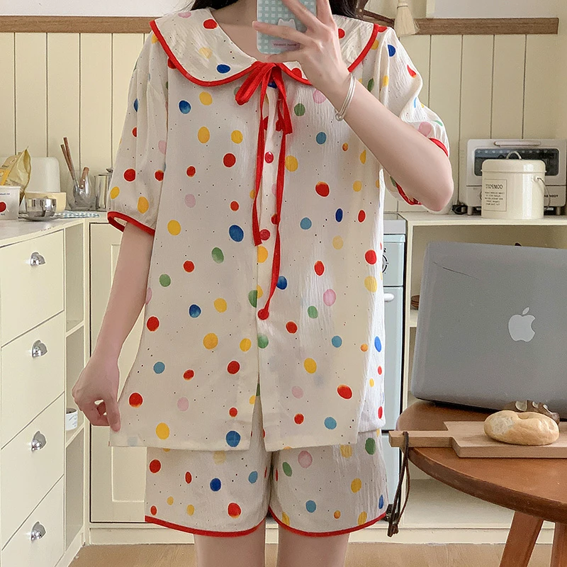 新款睡衣女款ins风甜美小花娃娃领短袖两件套装居家服3055