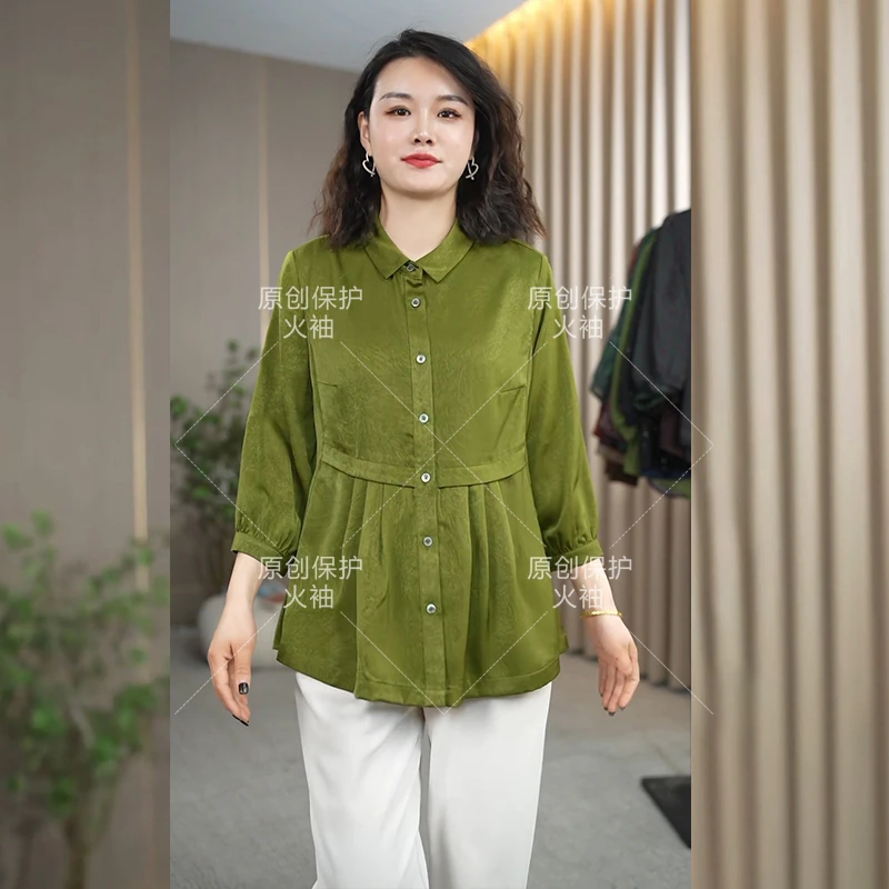 火袖F762单排扣暗纹缎面早春新款长袖中老年气质T恤翻领长袖衬衫